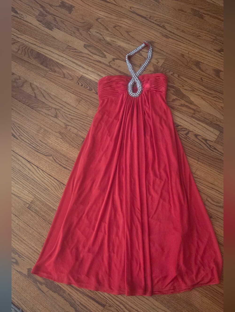 XXS Red Halter Neck Evening Dress with Beaded Detail Vintage